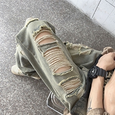 美式复古破洞牛仔裤男夏季高街vibe裤子直筒宽松乞丐裤G2221-P45，男装牛仔裤，星座1008