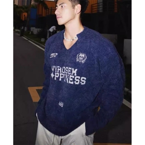 徽章印花V领仿貂毛软糯毛衣男女学院风秋冬针织衫外套男 MY9231图片