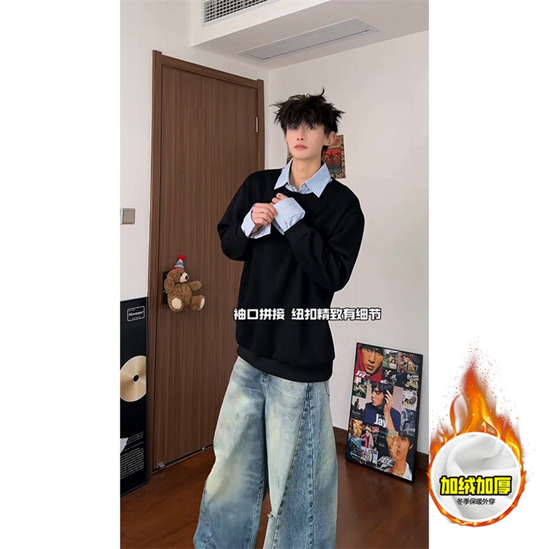 重磅加绒硬挺boxy男女美式高街假两件衬衫领长袖卫衣POLO领打底衫,男装T恤,电商A443