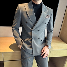 高级感暗条纹戗驳领双排扣西服套装男西装两件套黑色LJT8063-P295，男装西服套装，电商A213