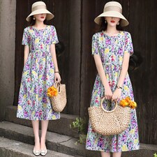2021年夏季欣贝拉新款印花小碎花中长款棉麻连衣裙，女装连衣裙，欣贝拉