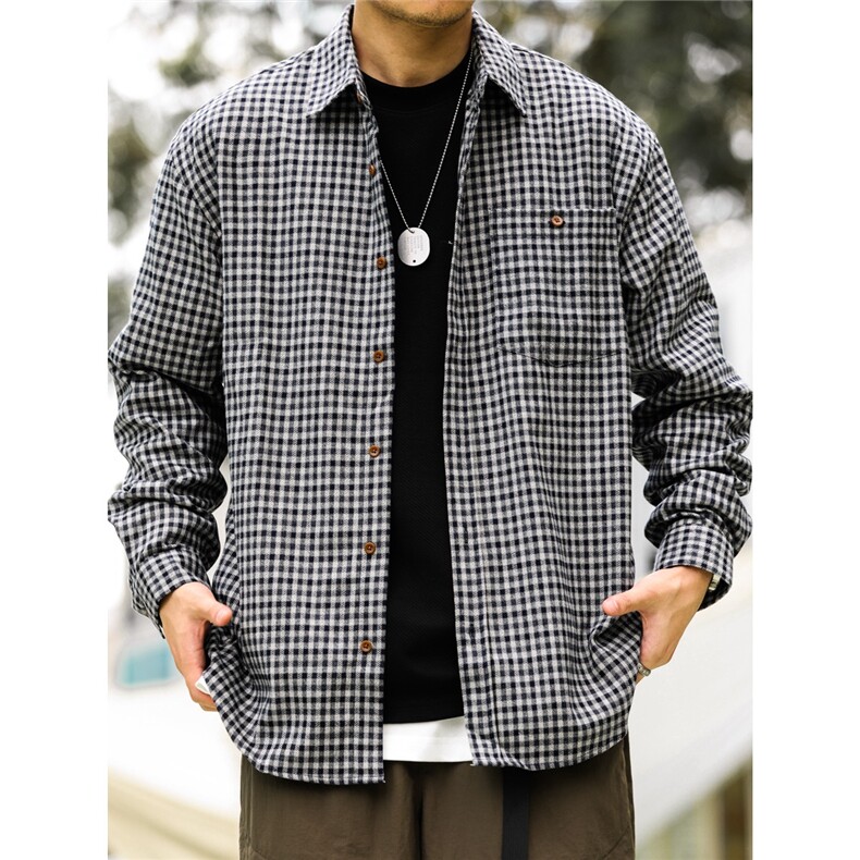 2025年复古小格子衬衫男女春季口袋高级感长袖衬衣外套情侣休闲,男装衬衫,星座506A