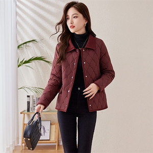 时尚小翻领菱格夹棉外套女2024冬新款短款轻薄羽绒棉服保暖小棉袄图片