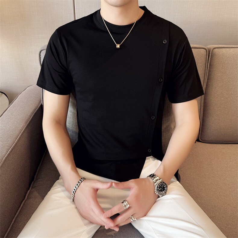 2024夏季新款修身圆领纽扣装饰纯色短袖T恤男555-45控59,男装T恤,电商D303