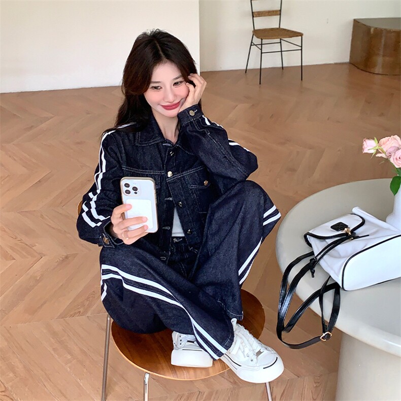 韩版设计感短款牛仔上衣套装女2025春秋季新款显瘦直筒长裤两件套,女装套装/套裙,浙宝285（原212）