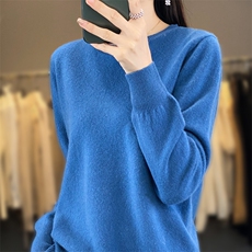 纯毛圆领仿羊毛衫女2024春秋新款修身长袖打底针织衫短款毛衣，女装针织衫/毛衣，桦兴羊绒