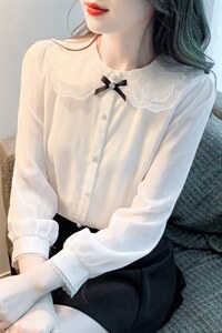 春季新款雪纺衫长袖设计感甜美娃娃领衬衫白色洋气上衣图片
