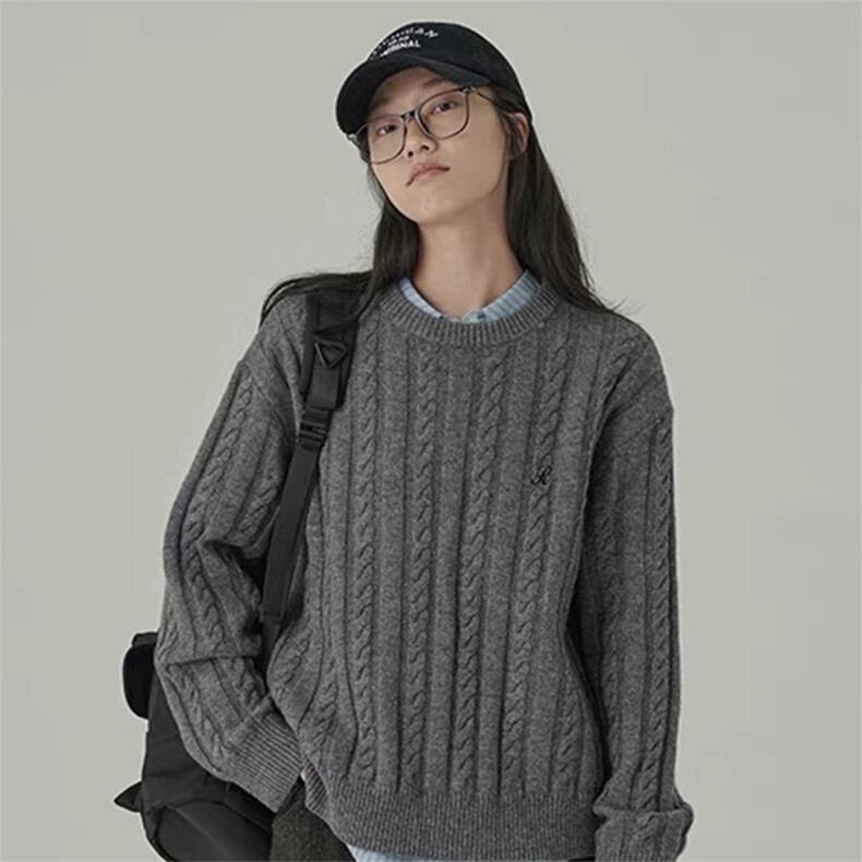时尚百搭宽松麻花针织羊毛衫女气质显瘦学院风毛衣外套,女装羊毛衫,泰沅羊绒
