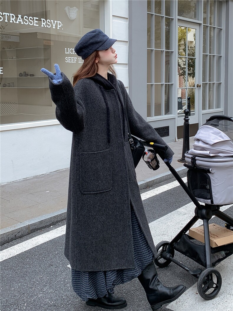 现货新款时尚洋气2025女装羊绒大衣宽松显瘦针织帽羊绒外套女装,女装毛呢外套,韩然一族