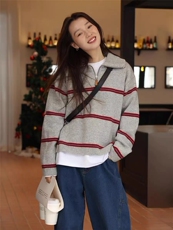 35%山65%羊毛POLO领半拉链条纹针织衫套头加厚宽松打底毛衣女，女装针织衫/毛衣，百纯羊绒