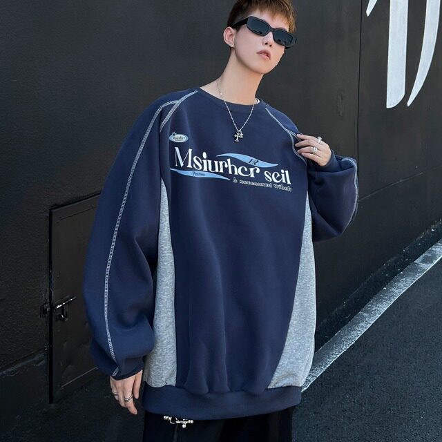 秋季美式小众情侣上衣oversize宽松复古印花撞色圆领卫衣W120/P45,男装卫衣,星座506