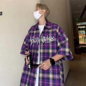 格子短袖衬衫男士潮牌2024新款夏季宽松日系衬衣高级感C106-P35图片