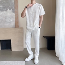 夏季褶皱盘扣休闲套装男士舒适轻薄透气风短袖T恤两件套TZ400，男装T恤，星座305A（原312A-1）