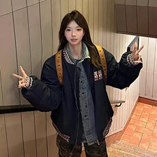 美式棉服女2024新款复古提花拼接加厚夹棉宽松情侣棒球服夹克外套，男装夹克，星座506A