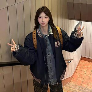 美式棉服女2024新款复古提花拼接加厚夹棉宽松情侣棒球服夹克外套图片