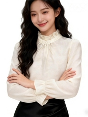 优雅风2026年春季套头木耳边提花长袖时尚衬衫女，女装衬衫，微微衣阁