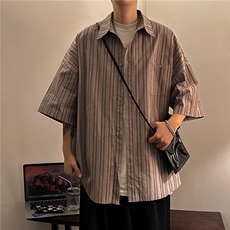 港风条纹衬衫男女短袖夏季薄款休闲日系复古衬衣服痞帅高级感设计，男装衬衫，星座601-2