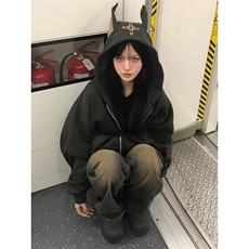 W8696-P58网图现货潮牌杜宾犬连帽加绒卫衣美式复古狗耳朵外套，男装卫衣，星座1608-2