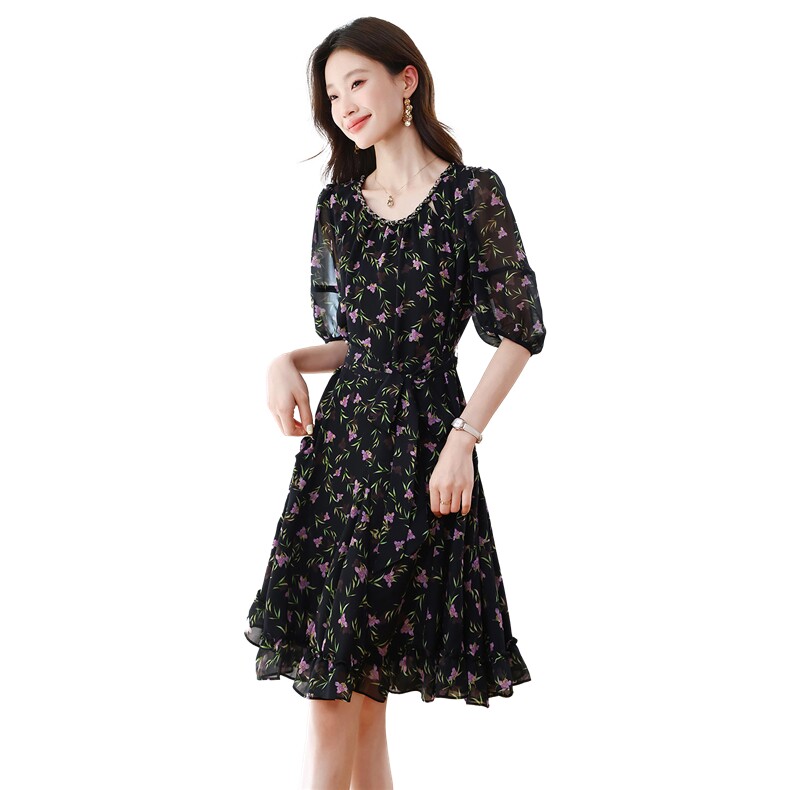 时尚雪纺碎花连衣裙女2025夏今年流行爆款小个子气质修身减龄裙子,女装连衣裙,布芭啦