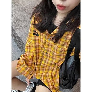 2025美式复古多巴胺黄色格子衬衫男女高街衬衣开衫长袖外套上衣图片