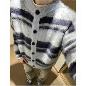 美式复古软糯撞色针织衫外套男女款2025秋冬季慵懒风开衫毛衣线衣,竖条形毛衣搭配图片