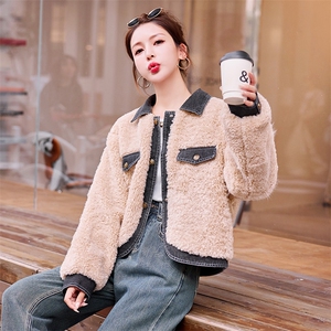 牛仔拼接粉色羊羔毛外套女冬季2025新款小个子独特超好看显瘦棉服图片