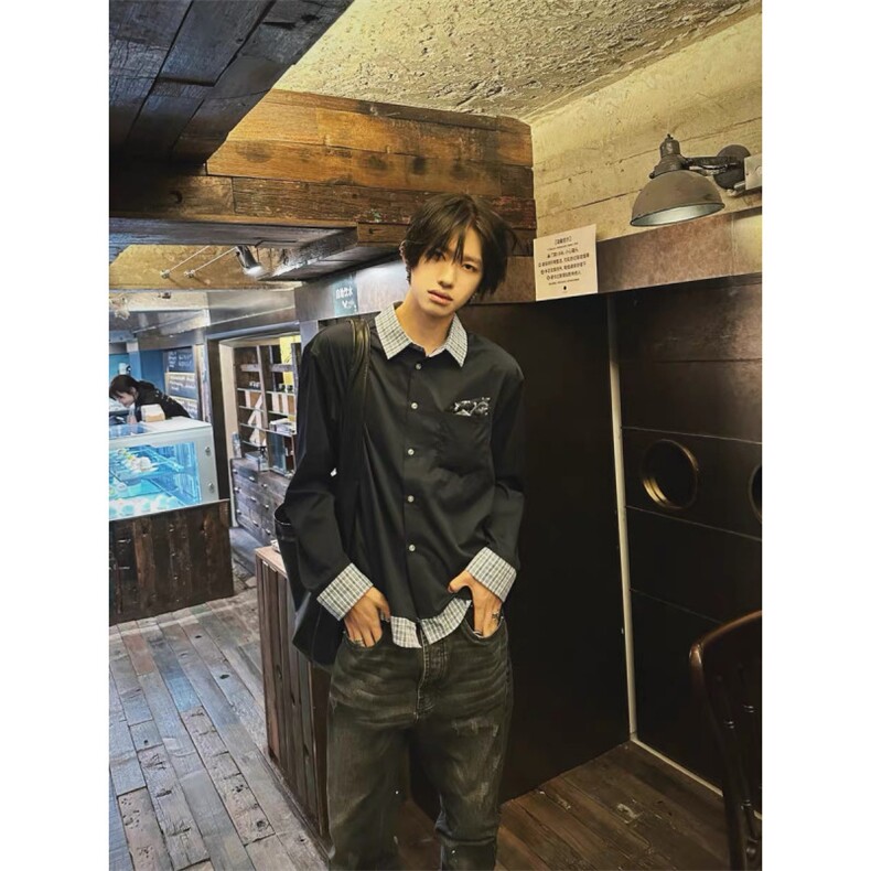 现货蓝色格子拼接翻领长袖上衣情侣款男女假两件衬衫CX03-p45，男装衬衫，星座910A