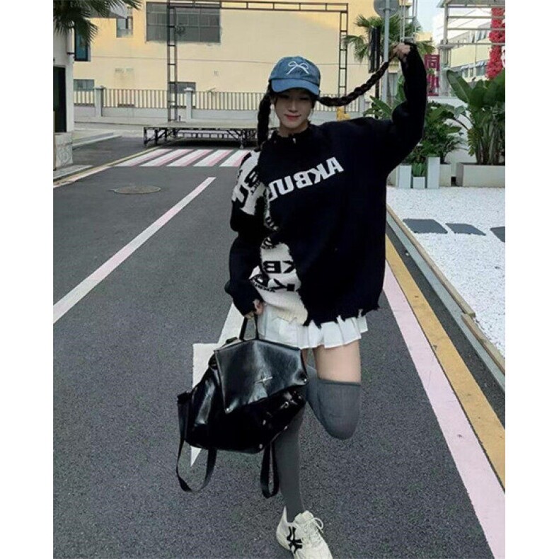 美式复古磨破拼接毛衣男女款设计感圆领宽松休闲针织衫MY284,男装针织衫/毛衣,星座1116A（原606A-3）