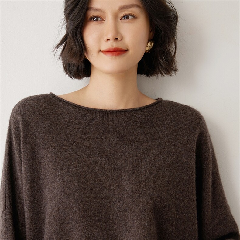 时尚女士羊绒衫一字领宽松显瘦30%羊绒黑色简约百搭,女装羊绒衫,雪山红莲