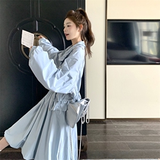 蓝色设计感抽绳减龄短外套套装裙女2025春季新款高腰半身裙两件套，女装套装/套裙，2C088