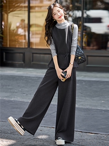 春秋套装裤女2025新款复古小香风绑带收腰打底衫马甲阔腿裤套装裙图片