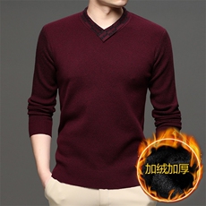2023秋冬V领纯色加绒加厚针织毛衣中年男士休闲上衣QLM55317-P90，男装针织衫/毛衣，电商B212（原钱塘6029）