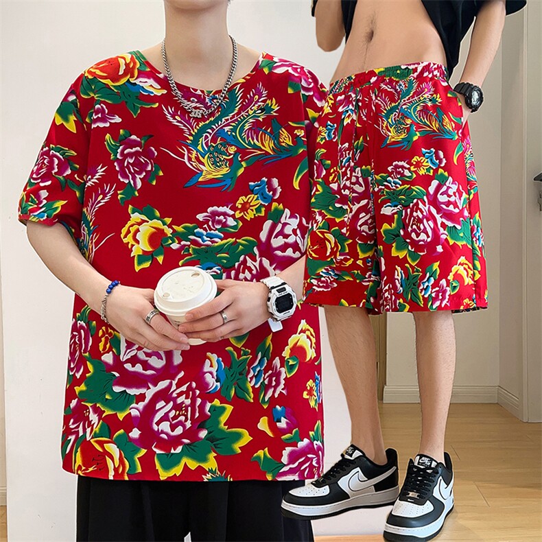 TZ203夏季新款男士T恤短裤套装东北大花大码红色蓝色青年运动套装,男装牛仔裤,星座115A(原星座507）