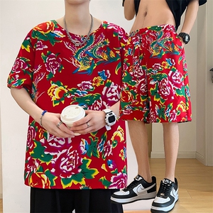TZ203夏季新款男士T恤短裤套装东北大花大码红色蓝色青年运动套装,男士东服搭配图片