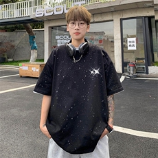 可48小时发货支持抖音得物来样二开美式满天星亮片短袖T恤MTX663，男装T恤，电商A486