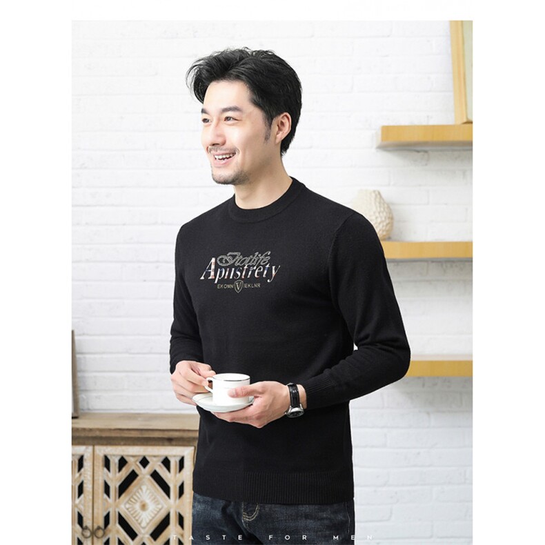 男士秋冬时尚百搭针织衫圆领休闲打底衫烫钻图案高级毛衣男装图片
