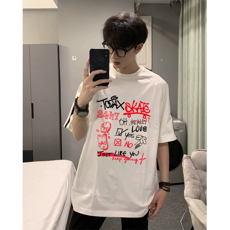 抖音得物高品质二开240克宽松纯棉美式潮牌三条杠织带短袖T恤,男装T恤,电商A486-1