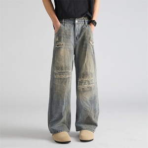 美式做旧水洗破洞牛仔裤潮牌宽松休闲设计直筒裤图片
