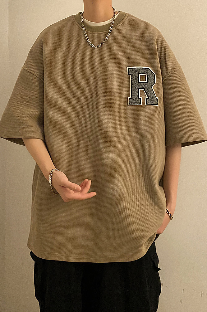 2023夏季新款简约纯色华夫格字母刺绣短袖学生T恤JK23241-p25控38,男装T恤,星座605(原A050)
