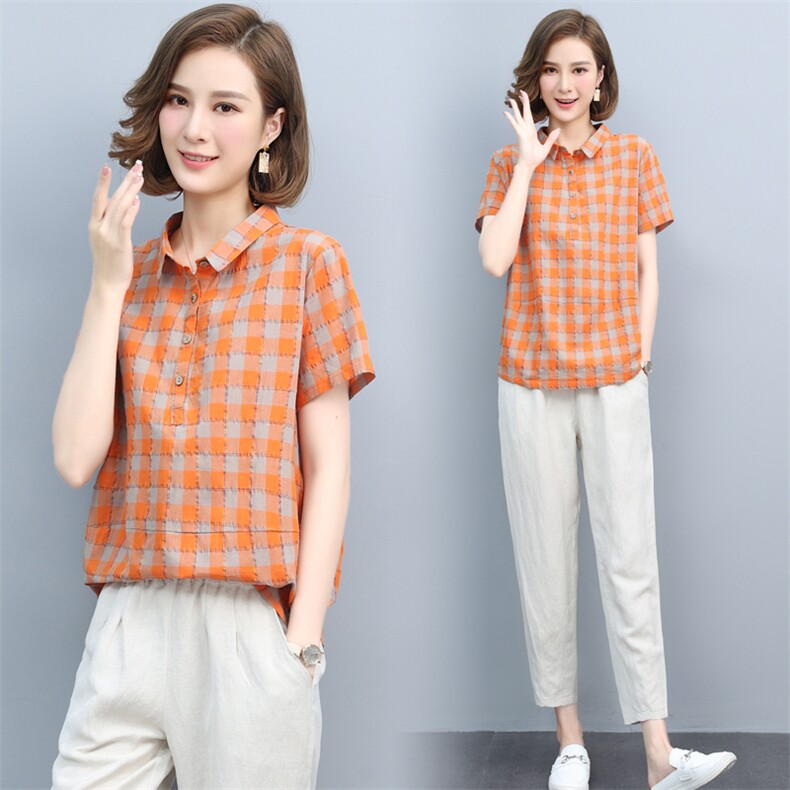 短袖格子衬衫女夏2021新款韩版宽松显瘦拼接套头百搭衬衣女上衣棉，女装套装/套裙，璐依舞