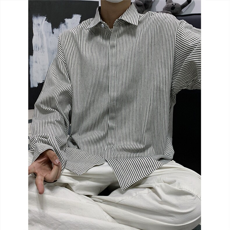 美式黑白条长袖衬衫加厚版本C5889-特P28黑色2,男装衬衫,电商A094