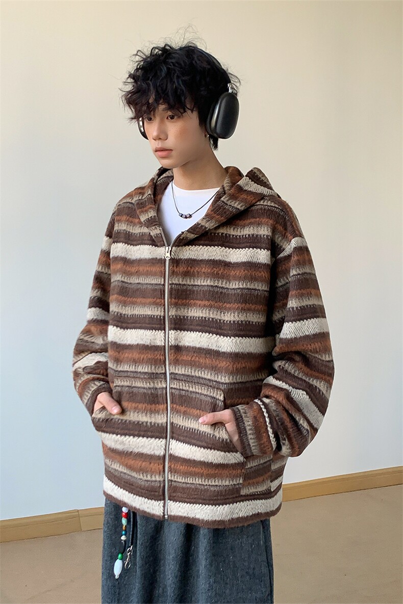 冬季加绒条纹卫衣长袖针织开衫复古潮牌外套5D1193-TP65118,男装卫衣,电商A102