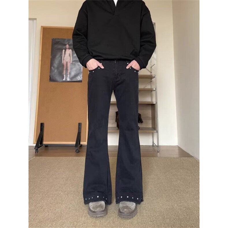 美式高街vibe铆钉微喇工装裤男cleanfit破坏休闲显瘦直筒长裤图片