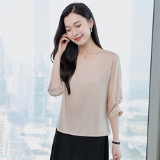 真丝上衣女中袖丝绸真丝t恤衫五分袖圆领妈妈宽松大码短袖小衫，女装衬衫，阿舍尔精品