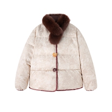 90绒。现货。新中式提花2025冬季狐狸毛领可脱卸短款羽绒服，女装羽绒服，E百度