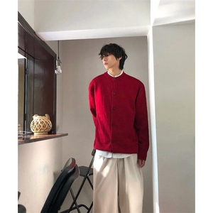 网图84893-特P75酒红色假两件开衫毛衣男秋冬毛线衣针织衫外套图片