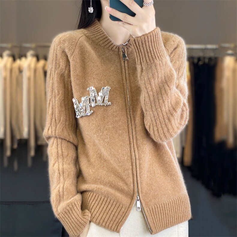 拉链开衫女圆领扭花镶钻棒球服针织外套宽松羊绒衫外搭,女装羊毛衫,暖烁羊绒