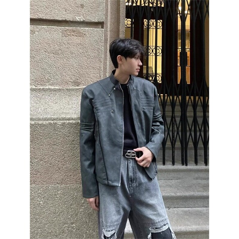 美式复古做旧高街垫肩pu皮衣外套街头机车服立领夹克 JKT88 特P83图片