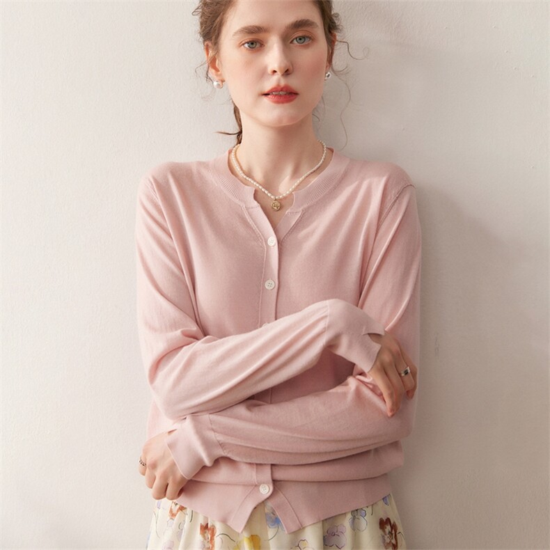 精纺100%精纺羊毛开衫女纯色圆领长袖毛衣2025新款针织外套,针织衫/毛衣,朵沐纯羊绒