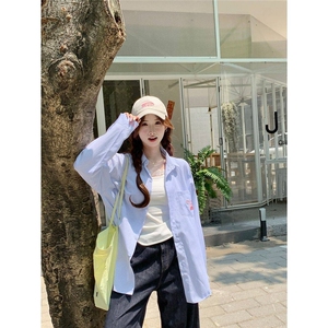 D725-P45 复古蓝条纹长袖衬衫春夏新款设计感刺绣慵懒休闲外套图片